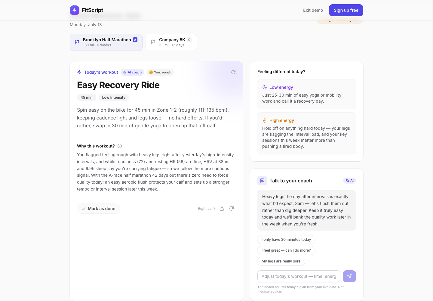 FitScript dashboard showing an AI-coached workout recommendation with reasoning