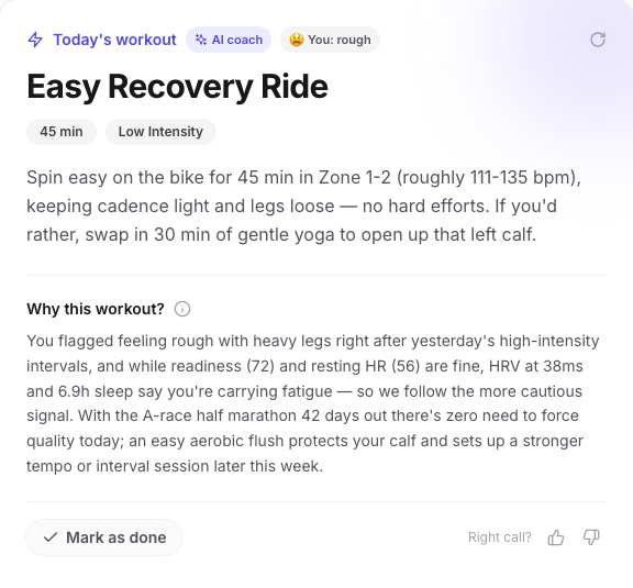 Today's workout card: an easy recovery session with reasoning citing readiness, HRV, and the athlete's own check-in