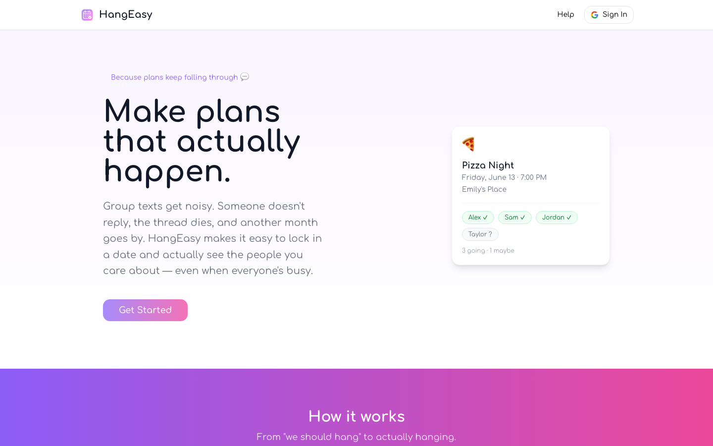 HangEasy landing page with a Pizza Night hang card and live RSVPs