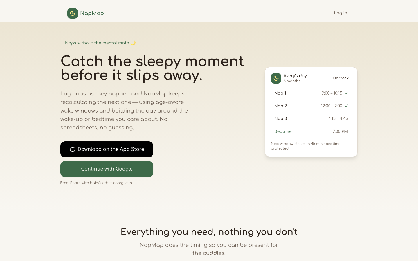 NapMap landing page showing a baby's recalculated nap day